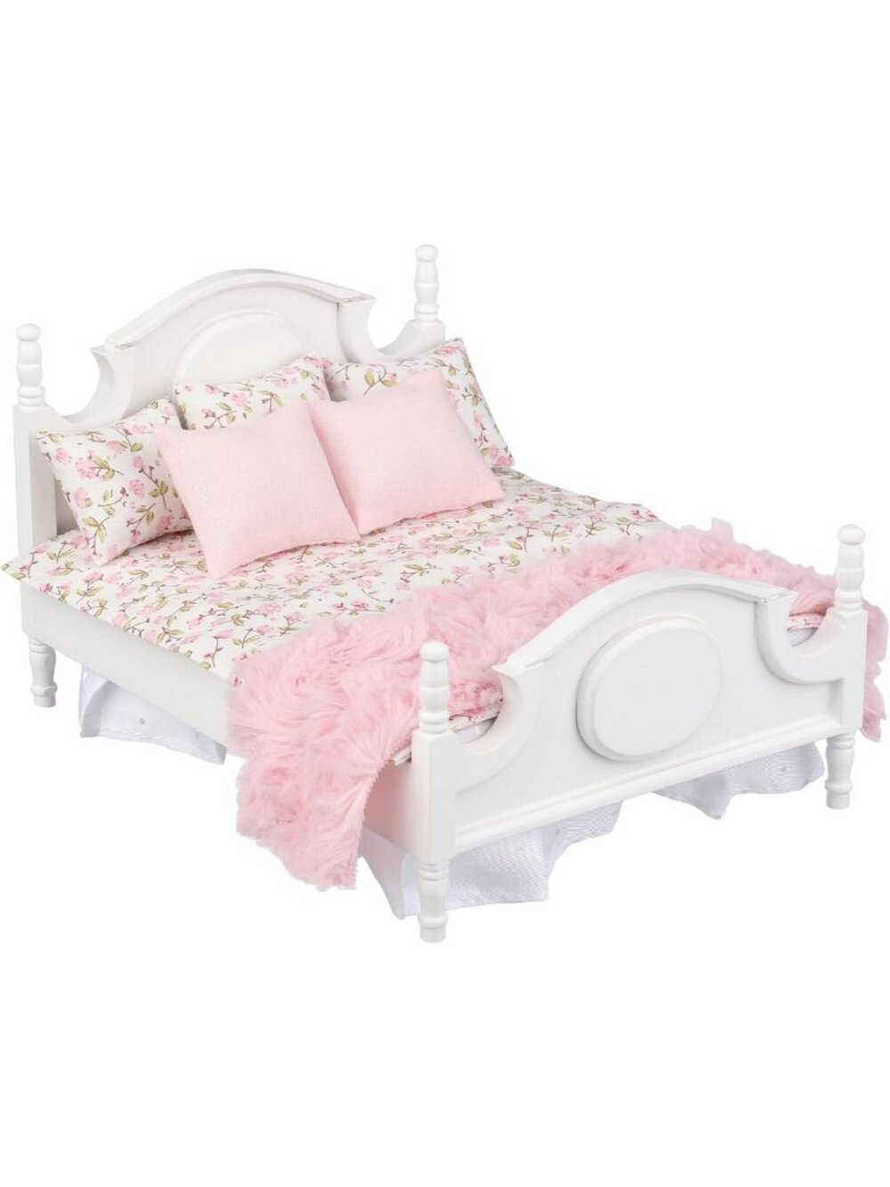 Mini Wooden Dollhouse White Queen Bed with Pink Bedding for 6" Dolls, 1:12 Scale